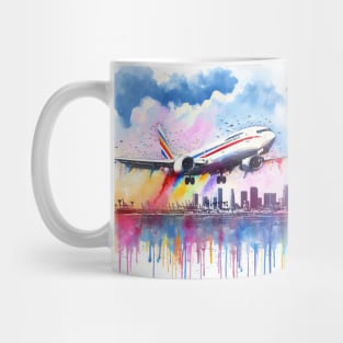 Fantasy illustration of a jet taking off from an airport Mug